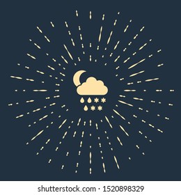 Beige Cloud with snow, rain and moon icon isolated on dark blue background. Weather icon. Abstract circle random dots. Vector Illustration