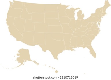 BEIGE CMYK color detailed flat map of the UNITED STATES OF AMERICA on transparent background with white federal states borders