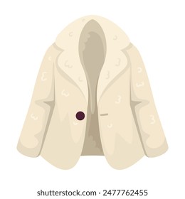 Beige coat with collar and single button, minimalist style, white background. Fashion apparel. Vector illustration