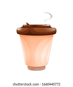 Café beige con una gorra marrón, bebida caliente. Ilustración vectorial en estilo caricatura aislada en blanco