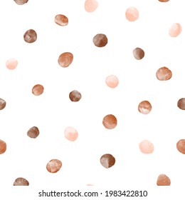 Beige, coffee, light brown vector watercolor round spots, polka dots seamless repeat vector pattern. Watercolour uneven blobs, smears, circle shape brush strokes. Hand drawn painted dotty background.