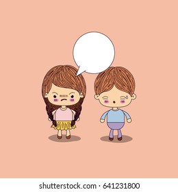 beige color background angry girl braids hair with dialogue box and boy worried vector illustration