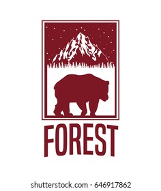 beige color background with rectangle frame logo forest with bear silhouette