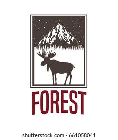 beige color background with rectangle frame logo forest with moose silhouette