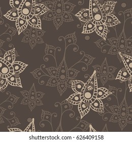 Beige color floral seamless pattern. Flourish oriental ethnic background. Arabic ornament with color line flowers and dot. Vector fancy motives of stylish vintage fabric patterns.