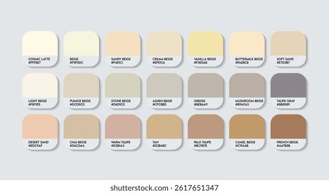 Beige Color Guide Palette with color Names. Catalog Samples of Beige with RGB HEX codes and Names. Plastic light cream Color Palette, Fashion Trend Pantone Light Beige Color Palette, white skin tones
