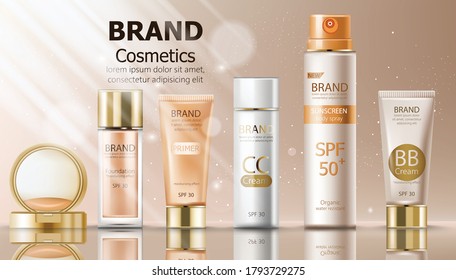 Beige color make up cosmetics set with cream, sunscreen spray, primer and foundation. Mirror and sun shining decoration. Mockup realistic Vector