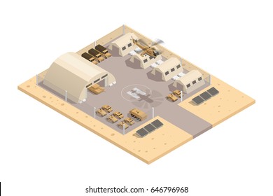 Beige color military isometric composition with with helipad and parking guarded area vector illustration