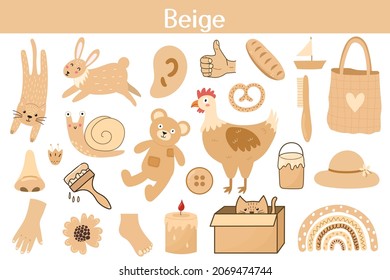 Beige color objects set. Learning colors for kids. Cute elements collection. Educational background. Vector illustration