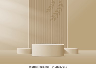 beige color realistic 3D stage cylinder steps pedestal podium set with shadow and lighting. Vector abstract studio room. minimal scene for products showcase, Promotion display.
