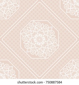 Beige Color Seamless Decorative geometric Ornament with border and frame. Mandala element. Vector illustration. For fabric print, wallpaper, textile