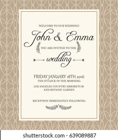 Beige colored decorative frame invitation postcard on filigree background with text about important information concerning celebration of wedding on 18th January in botanic garden vector illustration