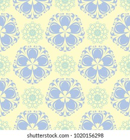 Beige colored floral seamless pattern. Background with light blue and green flower elements for wallpapers, textile and fabrics