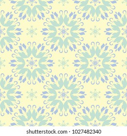 Beige colored floral seamless pattern. Background with light blue and green flower elements for wallpapers, textile and fabrics
