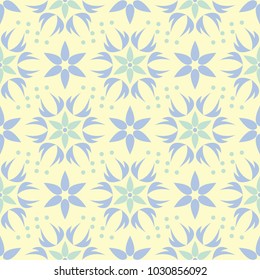 Beige colored floral seamless pattern. Background with light blue and green flower elements for wallpapers, textile and fabrics