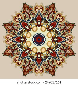 beige colour mandala, circle decorative spiritual indian symbol of lotus flower, round ornament pattern, vector illustration