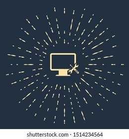 Beige Computer monitor with screwdriver and wrench icon isolated on dark blue background. Adjusting, service, setting, maintenance, repair, fixing. Abstract circle random dots. Vector Illustration