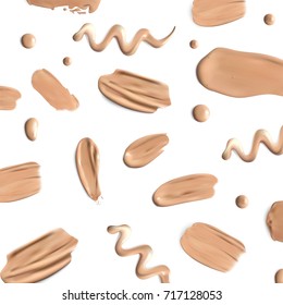 Beige concealer strokes. Liquid foundation isolated on white background, tone cream smudged Vector.