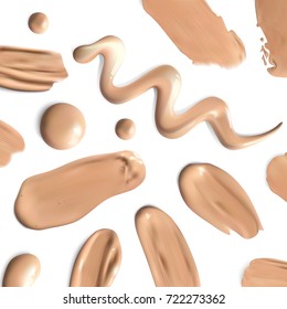 Beige concealer strokes. Liquid foundation isolated on white background, tone cream smudged Vector.