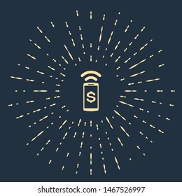 Beige Contactless payment icon isolated on dark blue background. Mobile wallet technology, nfc, wireless payment with smartphone. Abstract circle random dots. Vector Illustration