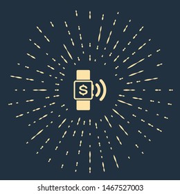 Beige Contactless payment icon isolated on dark blue background. Smartwatch with nfc technology making wireless contactless transactions. Abstract circle random dots. Vector Illustration