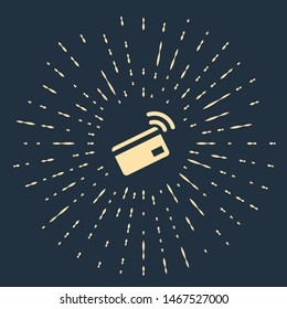 Beige Contactless payment with nfc card icon isolated on dark blue background. Card with radio wave sign. Credit card payment. Abstract circle random dots. Vector Illustration