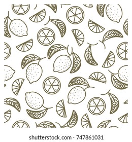 Beige contour seamless vector pattern of lemon leaves and fruits