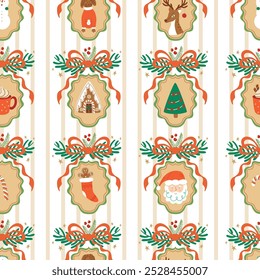 Beige coquette Christmas seamless pattern with bow, ribbon, cute winter holiday elements. Vector striped grandmillennial print, wallpaper with vintage cameo brooch, Santa, reindeer, gingerbread house.