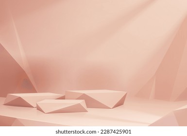 Beige or coral podium. Exhibition gallery clean scene, cosmetics product presentation empty pedestal or fashion showcase stands realistic vector backdrop. Studio showroom mock up space