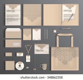 Beige corporate identity template design with abstract pattern. Business set stationery.