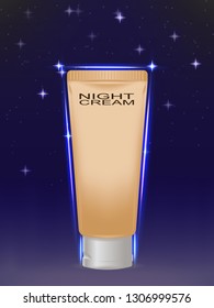 beige cosmetic tube with shining blue edges. against the starry sky. design of cosmetic products