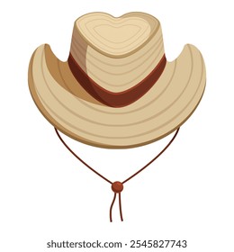 Sombrero de vaquero beige con corona en forma de corazón, banda marrón y correa de barbilla, celebrando el día de San Valentín o expresando amor por el estilo occidental