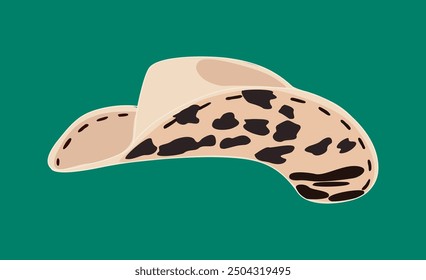 Beige cowboy hat with traditional western decoration, cow animal print. Wild west fashion style. Vector realistic illustration isolated on green background.	