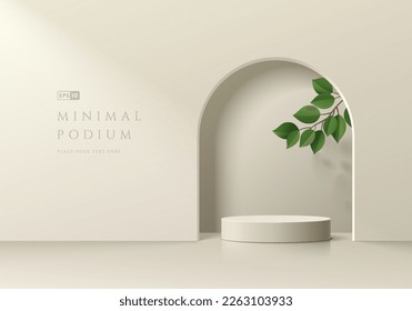 beige, cream 3D background with realistic cylinder pedestal podium, arch gate and green leaf. Luxury minimal wall scene mockup product display. Abstract geometric platforms. Round stage for showcase.