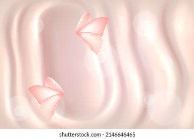 Beiger, cremefarbener Hintergrund mit Schmetterlingsflügeln und 3D-sanften Wellen und wirbelnder Vektorgrafik. Realistische feminine, cremig-pastellfarbene Hintergrund zur Produktpräsentation, Tapete mit glatter Oberfläche
