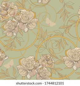 Beige and cream pale rose flowers with inflorescences, petals on a light sage green background, surrounded by decorative elements in art nouveau and art deco. Seamless floral vector pattern. 