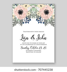 Beige cream Peony, anemone, poppy wedding invitation card printable template