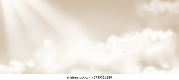 Beige creamy clouds with sunburst lights fantasy background. Heaven blur bokeh sky sunny summer day template. Warm morning atmosphere surface for cosmetic. Pastel caramel color cloud. Vector bg.