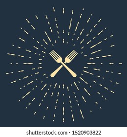 Beige Crossed fork icon isolated on dark blue background. Cutlery symbol. Abstract circle random dots. Vector Illustration