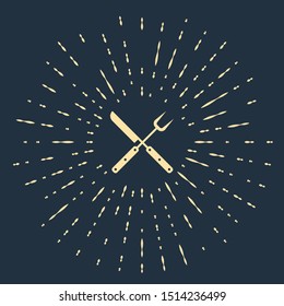 Beige Crossed fork and knife icon isolated on dark blue background. BBQ fork and knife sign. Barbecue and grill tools. Abstract circle random dots. Vector Illustration