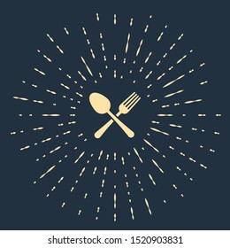 Beige Crossed fork and spoon icon isolated on dark blue background. Cooking utensil. Cutlery sign. Abstract circle random dots. Vector Illustration