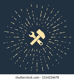 Beige Crossed hammer and wrench icon isolated on dark blue background. Hardware tools. Abstract circle random dots. Vector Illustration