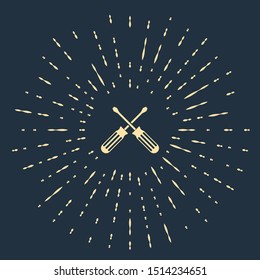Beige Crossed screwdrivers icon isolated on dark blue background. Service tool symbol. Abstract circle random dots. Vector Illustration