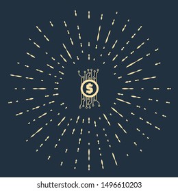 Beige Cryptocurrency bitcoin in circle with microchip circuit icon isolated on dark blue background. Blockchain technology, digital money market. Abstract circle random dots. Vector Illustration