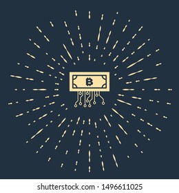 Beige Cryptocurrency bitcoin in circle with microchip circuit icon isolated on dark blue background. Blockchain technology, digital money market. Abstract circle random dots. Vector Illustration