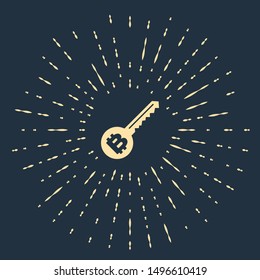 Beige Cryptocurrency key icon isolated on dark blue background. Concept of cyber security or private key, digital key with technology interface. Abstract circle random dots. Vector Illustration