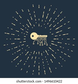 Beige Cryptocurrency key icon isolated on dark blue background. Concept of cyber security or private key, digital key with technology interface. Abstract circle random dots. Vector Illustration