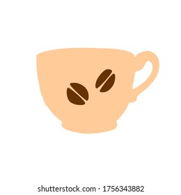 Beige Cup with coffee grains. Hand drawn simple kitchen supplies. Vector illustration isolated on white background