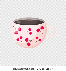Beige Tasse heißen Kaffee oder Tee mit roten Kirschen. Americano-Symbol. Einzige Tasse Kaffee. Flache Abbildung. Design für Cafés, Coffeeshops, Plakate, Banner, Werbung. Valentinstag Design. Vektorgrafik
