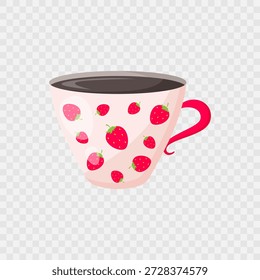Beige cup of hot coffee or tea with strawberries. Americano icon. Isolated cup of coffee. Flat illustration. Design for cafes, coffee shops, posters, banners, advertisement. Valentines day design. Vector
